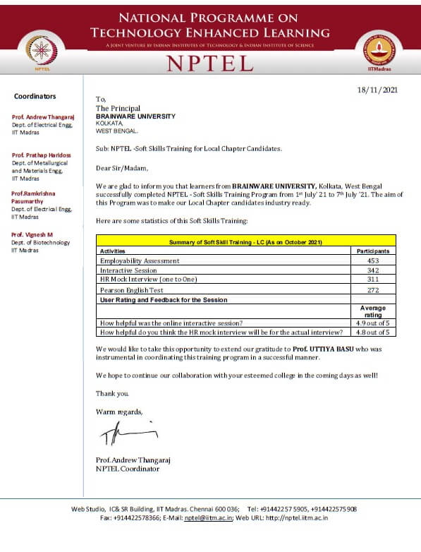 Appreciation letter from NPTEL